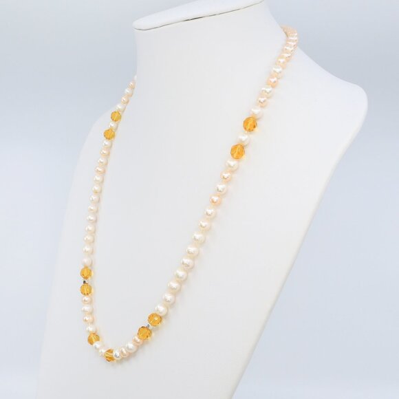 Vintage Freshwater Pearl and Honey Colored Faceted Crystal Beads Necklace